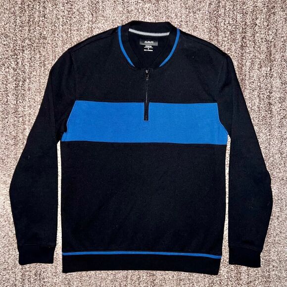Alfani Men's Baseball Ottoman Quarter Zip Sweatshirt Black/Blue Medium - Picture 1 of 8